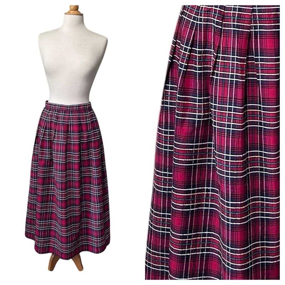 NOS Vintage Carroll Reed Red Plaid Tartan A-line Skirt with Box Pleats - Large